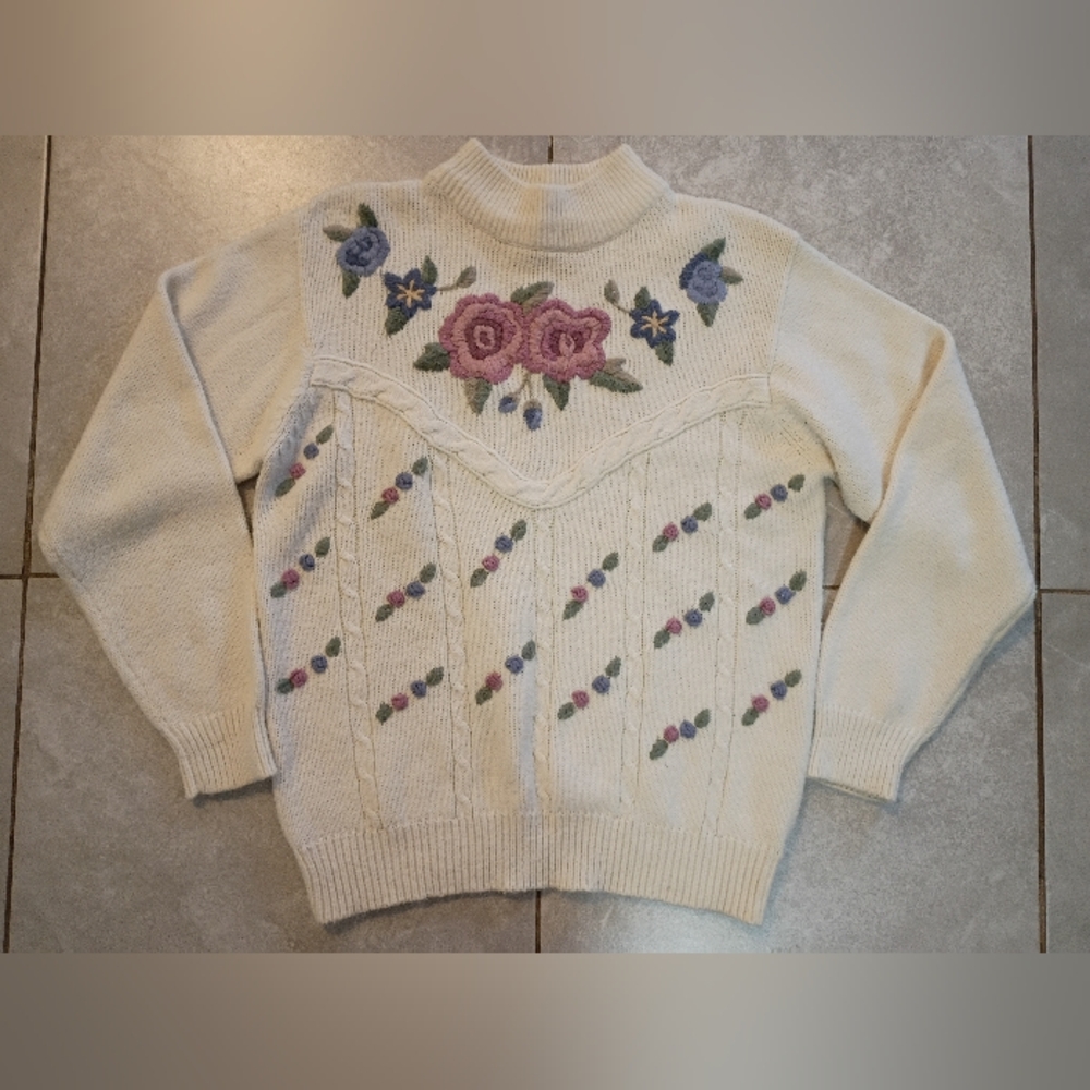 Alfred Dunner Cream Sweater with Floral Embroidery